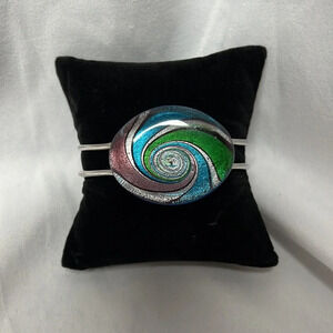 Green, Pink, Blue, Silver and Black Swirl Silver Bracelet